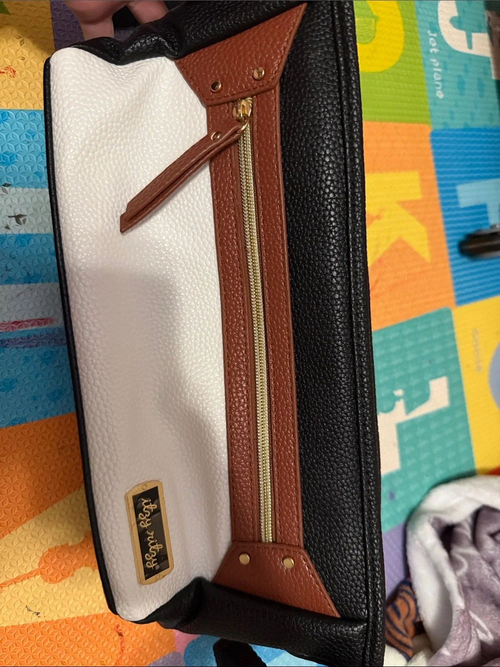 Itzy Ritzy Tricolor Pebbled Leather Shoulder Bag - White/Brown/Black